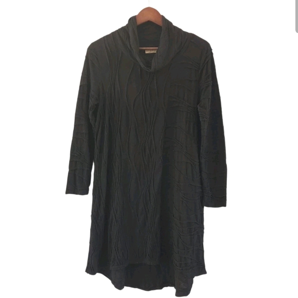 Chalet Et Ceci Black Textured Hi Lo Hem Cowl Neck Crinkled Dress Lagenlook Small